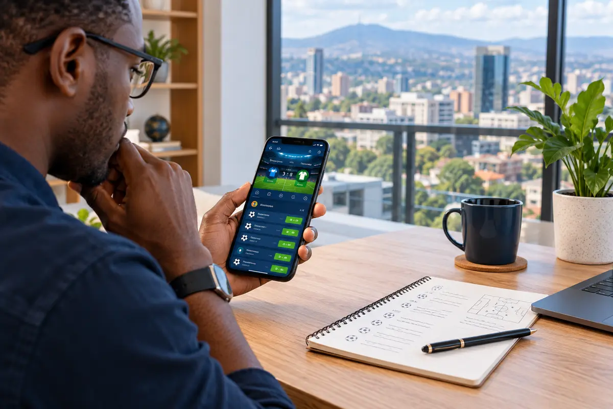 Adult user independently reviewing a sports platform in Kigali